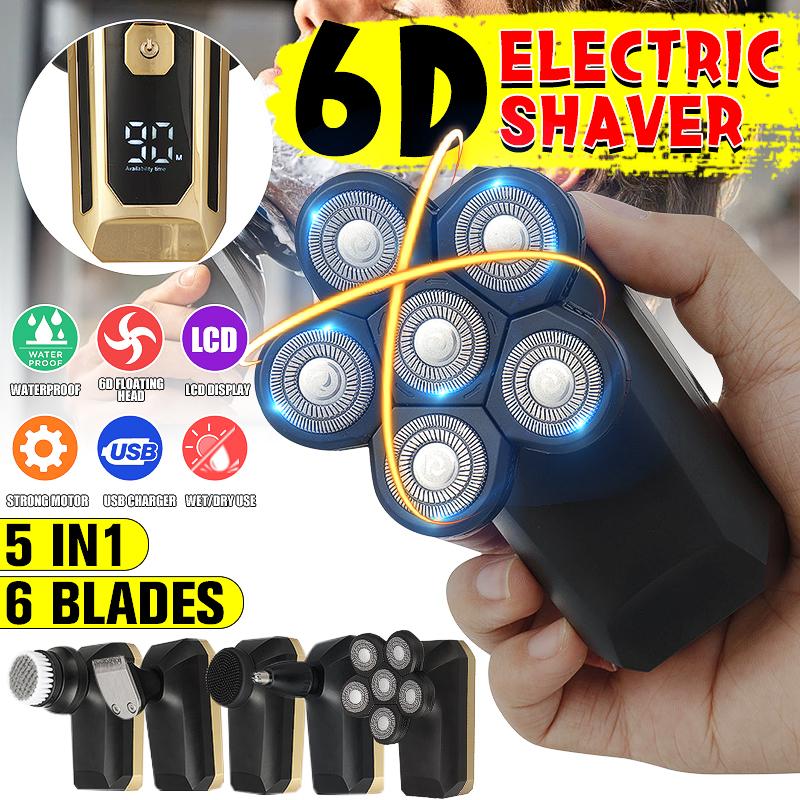 5-In-1 6 Head Waterproof Rechargeable Trimmer/6 Head Floating Head Cordless Groomer Gray/Golden Cutter Multifunctional Electric Bald Head Shaver серый
