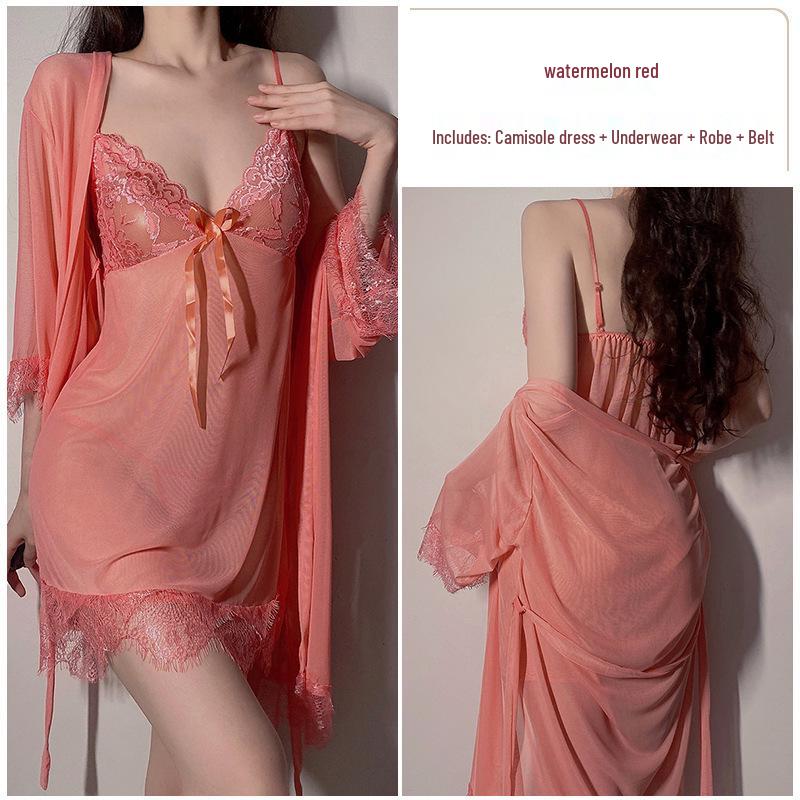 Strappy Lace Nightgown & Tie-Up Robe Set: Tempting Lingerie Homewear for Women
