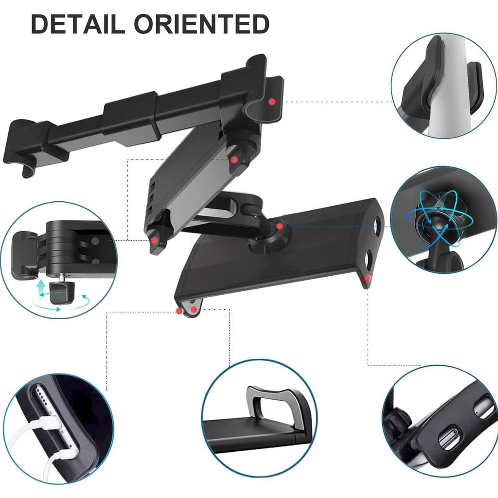 Universal Car Headrest Tablet & Phone Mount - 360° Swivel, Customizable Angles, Stretchable Gooseneck - Securely Holds IPad, IPh