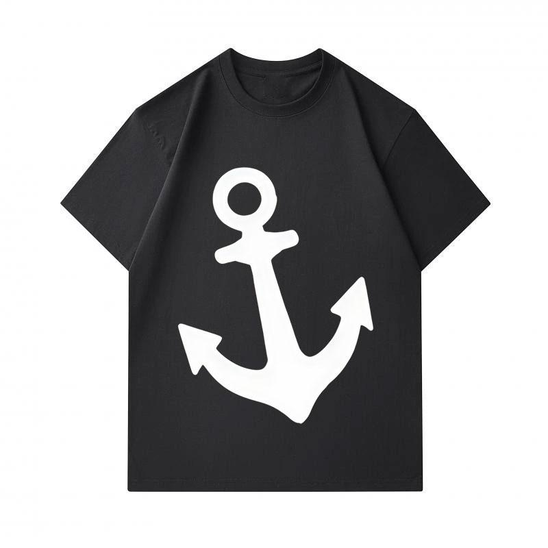 Men's 100% Cotton Short Sleeve Crew Neck T-Shirt, Classic White Nautical Anchor Print Casual Comfortable Tee, Breathable Lightweight Summer Top for Da