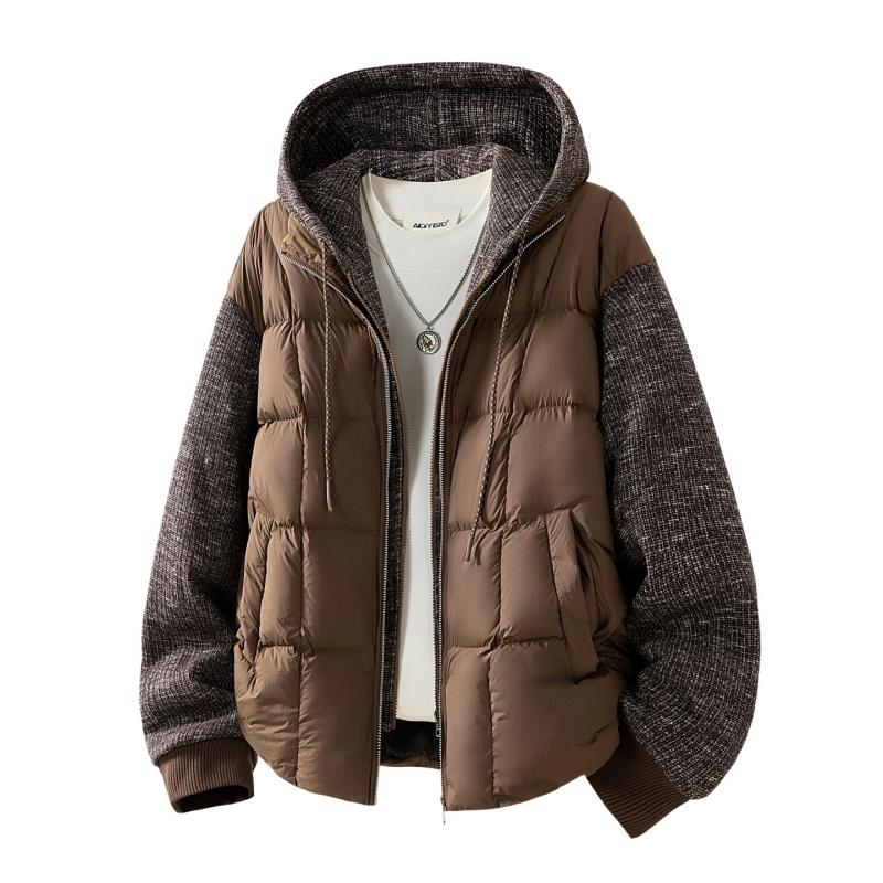 Men's Patchwork Cotton Coat, Velvet Thickened Cotton Coat, Warm Jacket, Hooded Fashionable Outer Coat