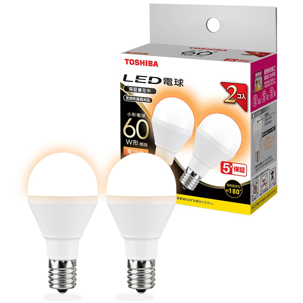 TOSHIBA LED Light Bulb, E17 Base, A-type, 60W Equivalent, Wide Beam Angle, Warm White, 2-prong Socket, Suitable for Enclosed Fixtures,