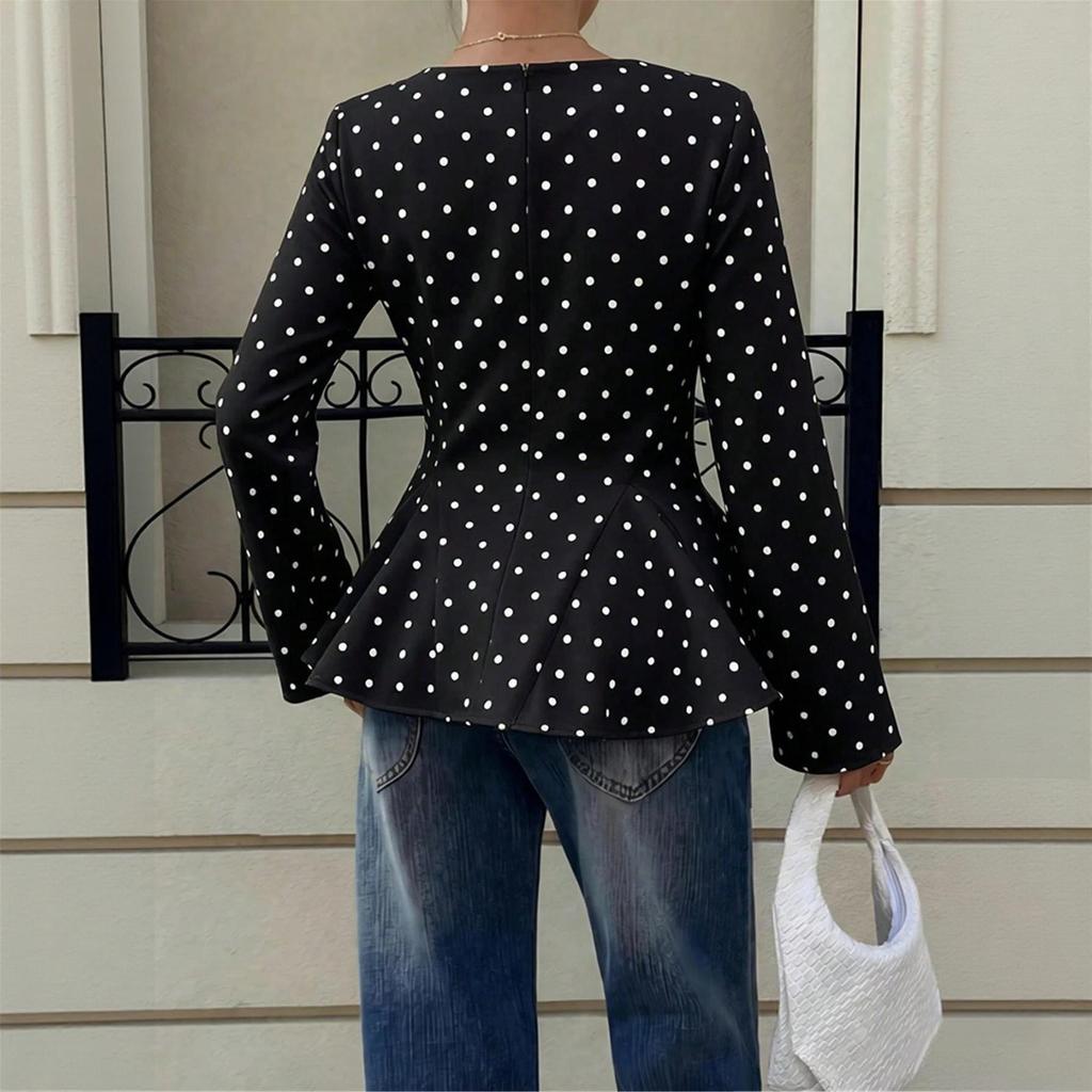 Women's Fashion Slim Fit Polka Dot Round Neck Pleated Waist Zip-Up Woven Long Sleeve Top