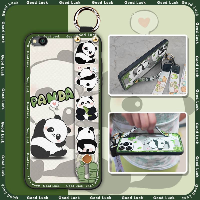 Durable Panda Phone Case For Xiaomi Redmi GO Anti-dust Cute Anti-knock Protective Lanyard Wristband Cartoon Phone Holder