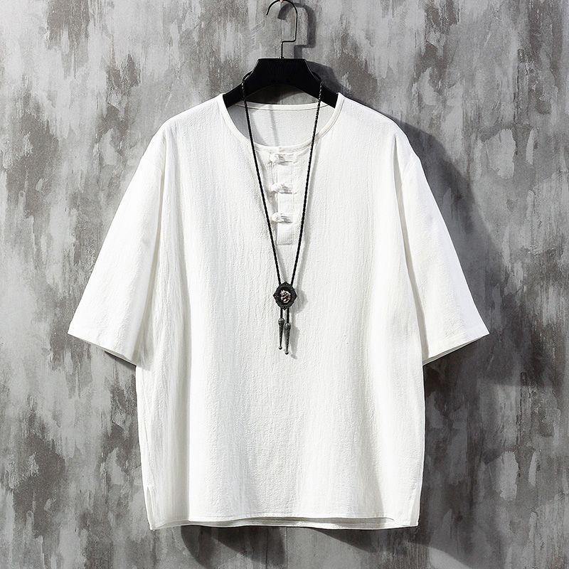 Lockeres kurzärmeliges T-Shirt aus Leinen-Baumwolle Herren Sommer Dünner Stil Traditioneller Chinesischer Kragen Körpernah Trendige Marke Tang Kostüm