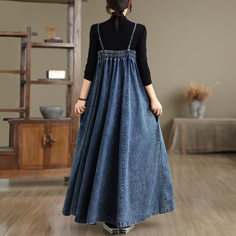 Women's French Retro Loose-Fit Denim Overalls Dress