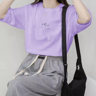 Summer Women's T-Shirt Round Neck Loose Botanical Print Casual Solid Colour Short Sleeve Top