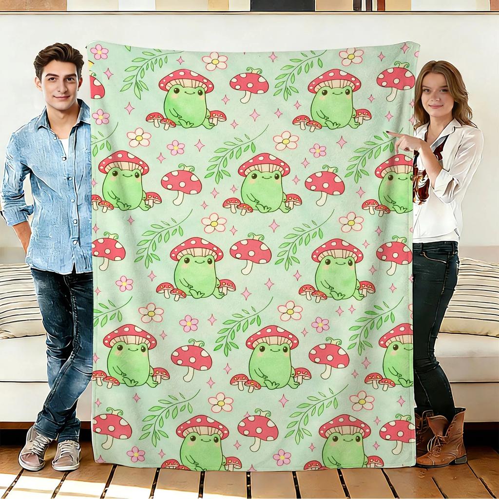 Frog and Mushroom Flannel Blanket Soft Cozy Throws Napping Travel Use