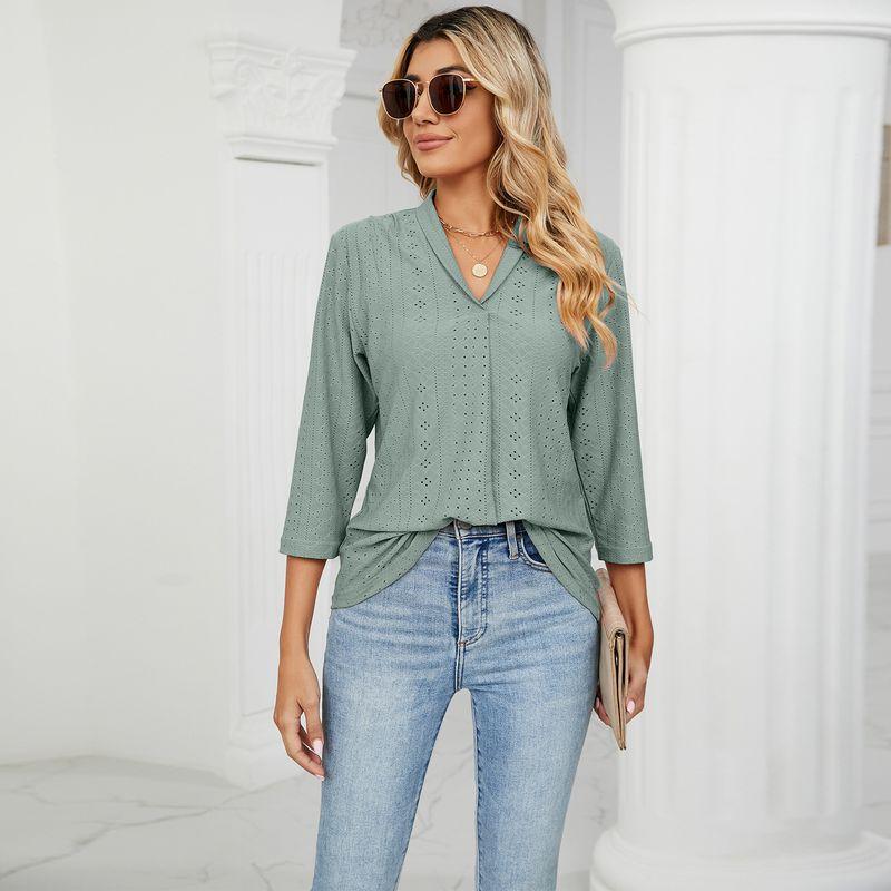 Loose Mid-Sleeve V-neck Top Fashion Jacquard Loose-Fitting Tops Middle Sleeve Pullover V Neck Tops