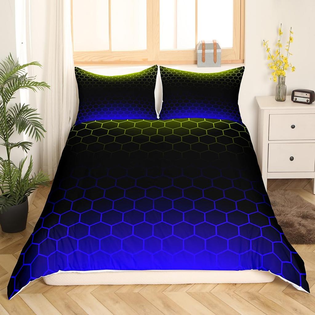 Blue Purple Honeycomb Soft Duvet Cover Fluorescent Geometric Honeycomb Beding Set Behive Hexagon Warm Comforter Cover for Young Boys Young Girls