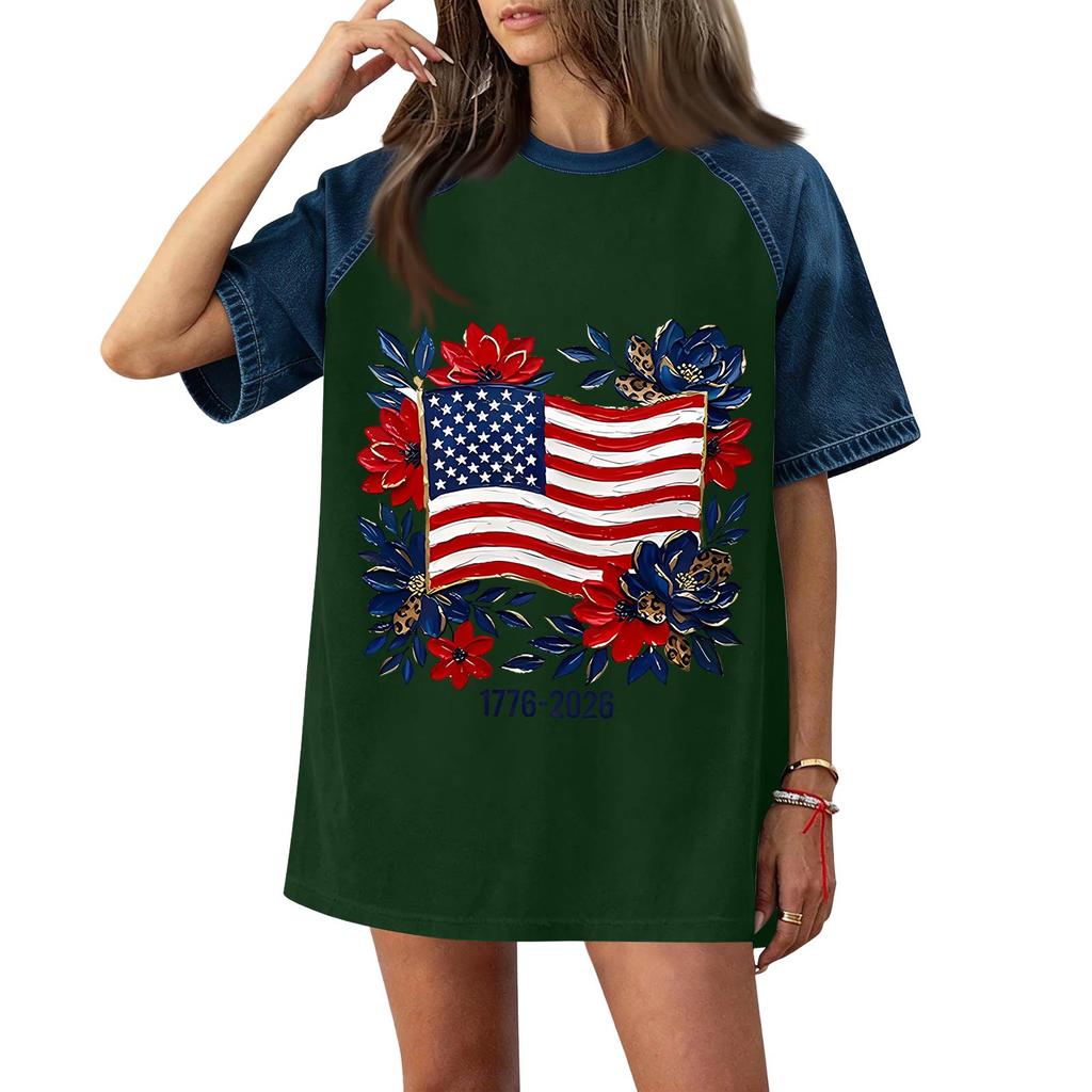 Women Casual Short Sleeve T Shirt Denim Patchwork Top 250th Independence Day Commemorative Print Relaxed Fit Lightweight Tee