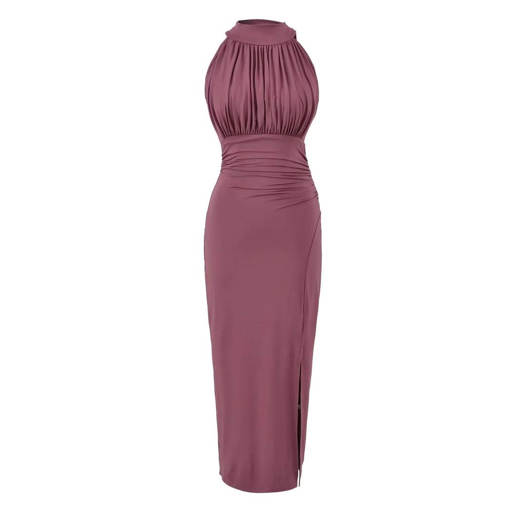 Elegant Women's Slim Fit Halter Neck Dress with Waist-Cinched Flowy Skirt and Side Slit