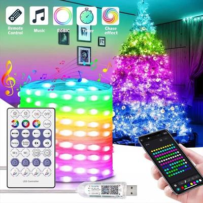 WS2812B LED řetěz Vánoční světla na stromeček 5m/10m BT Ovládání hudbou pomocí aplikace RGBIC Adresovatelná Párty dekorace USB DC5V
