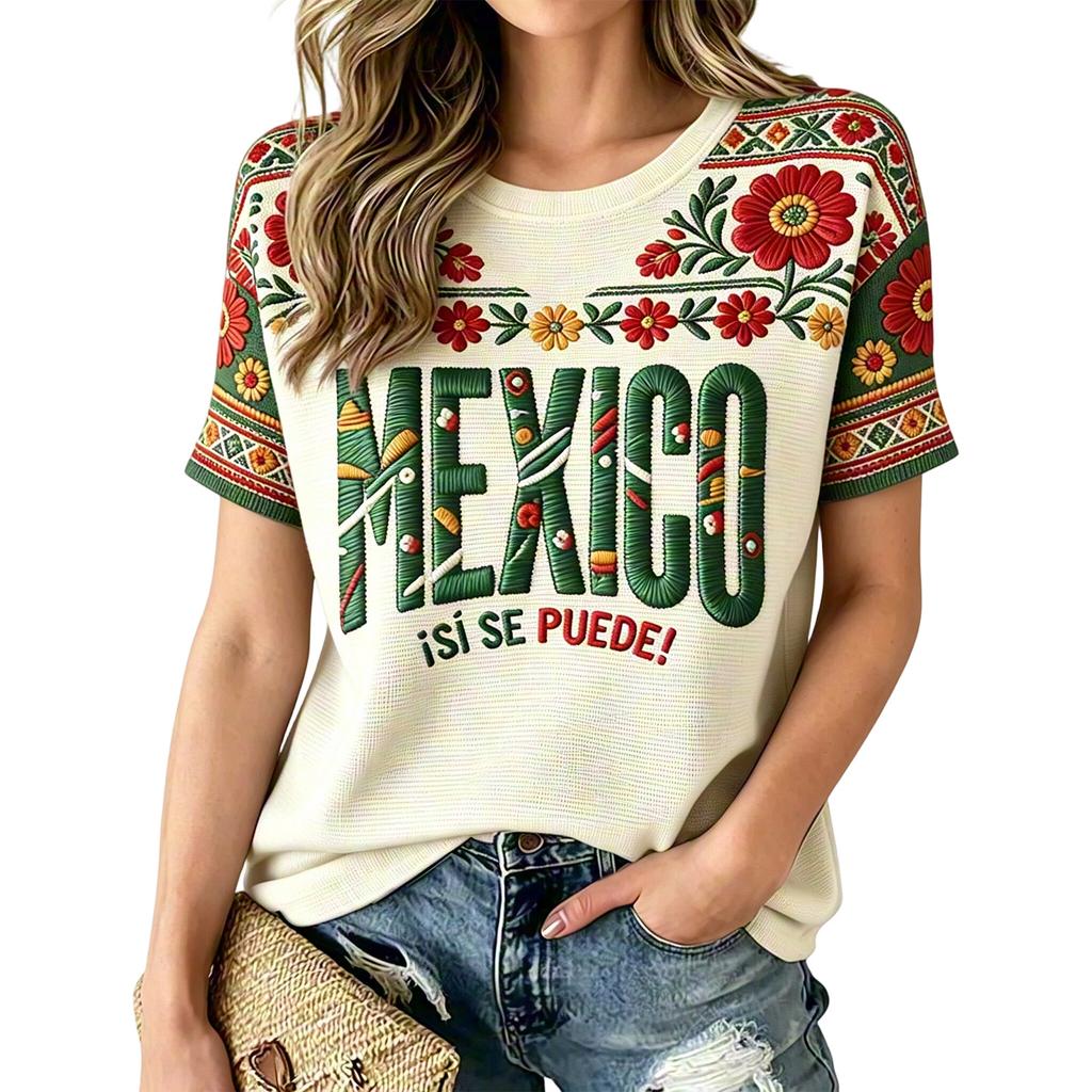 Women's Mexican Graphic Print Short Sleeve T-Shirt Neck Cotton Top