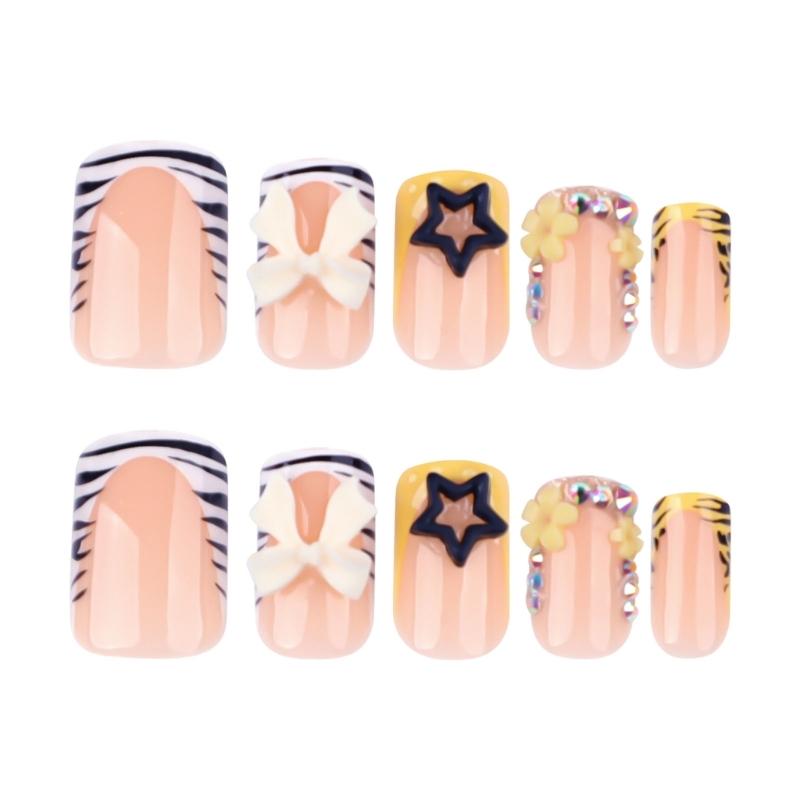 Square Press On Nail Fake Nail Bowknot Glues On Nail Artificial Acrylic Nail 12 Size 24pcs Stick On Nail for Women