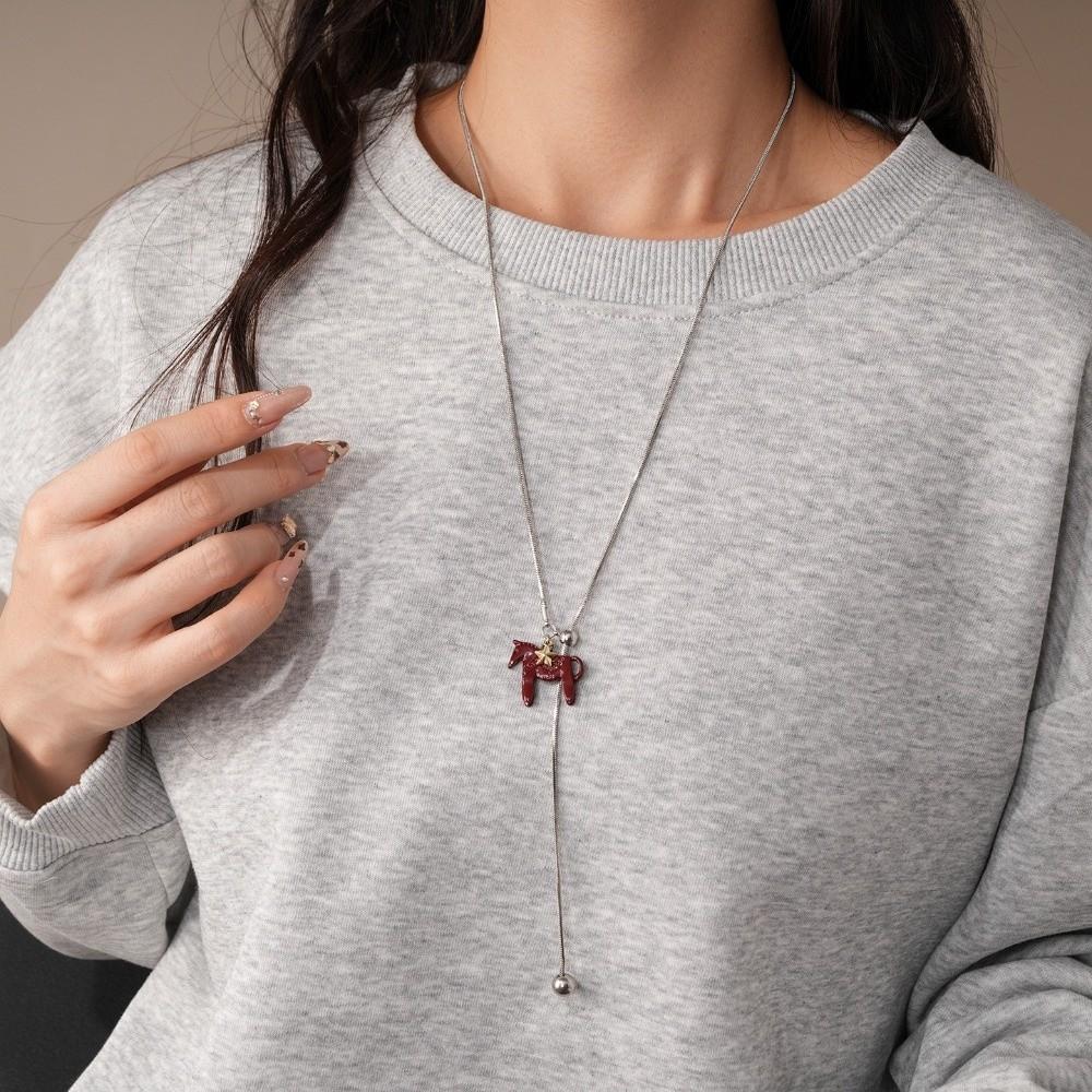 Long Horse Pendant Necklace Silver Plated Y Neck Chain Vintage Enamel Pendant Necklace  for Women