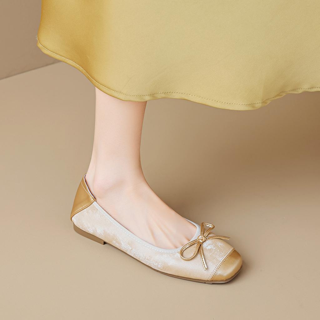 Single shoes women's flat bow soft sole light mouth silver Mary Jane shoes