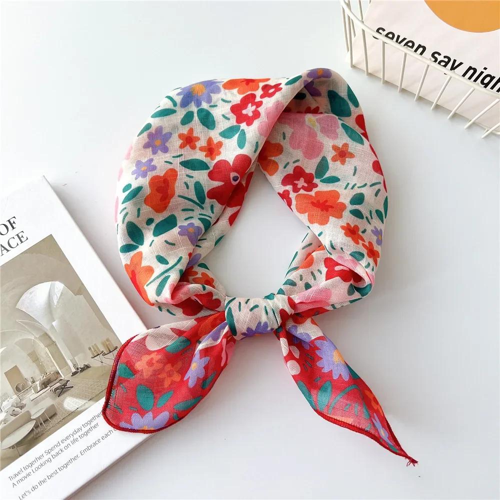 Modisches Bandana-Kopftuch aus Baumwolle für Frauen, kleines Hijab, Blumendruck, Taschentuch, Haarschal, 55 cm, quadratische Stirnbänder, Halstücher