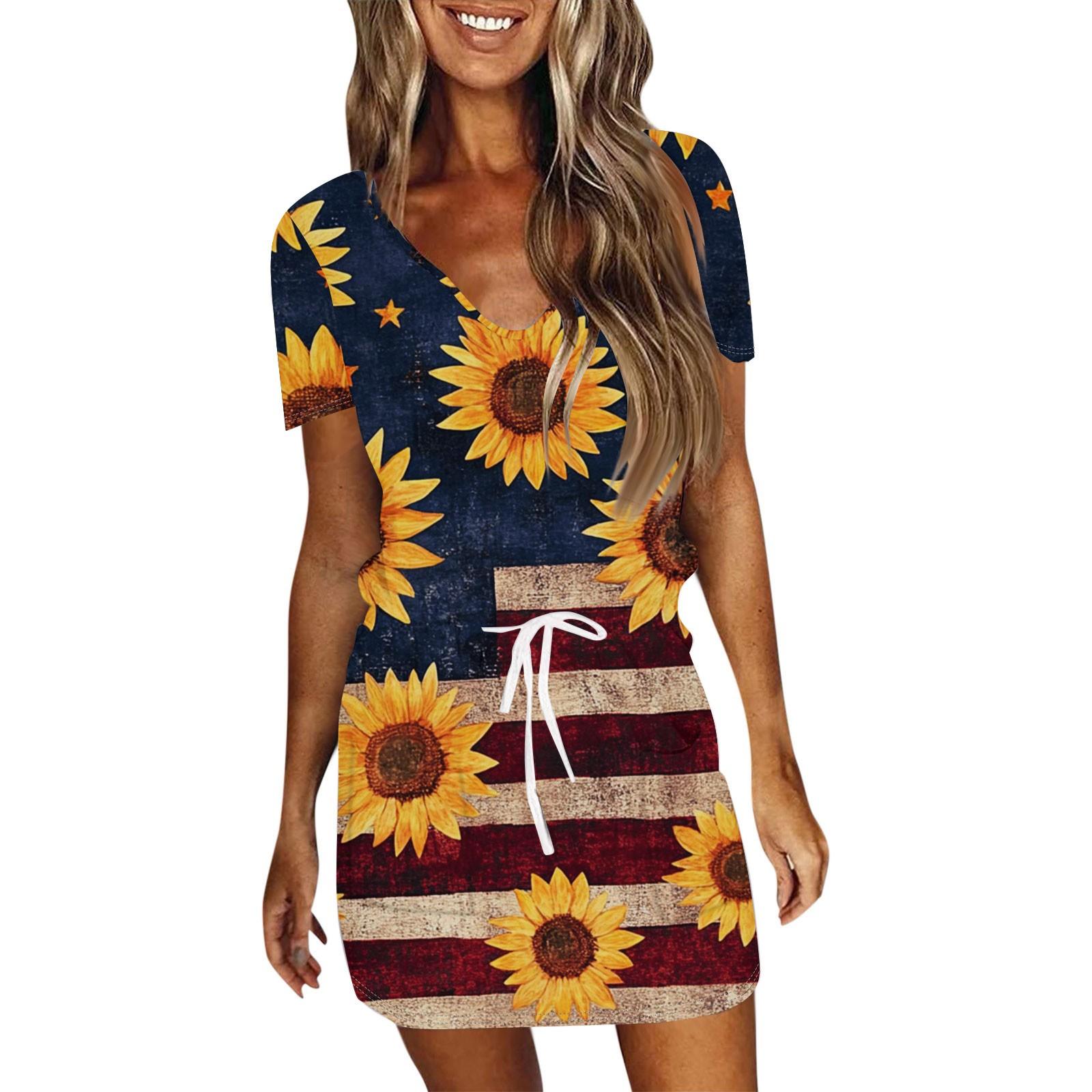 

Женские повседневные платья с V-образным вырезом, коротким рукавом, завязками и принтом «День независимости» XL винный