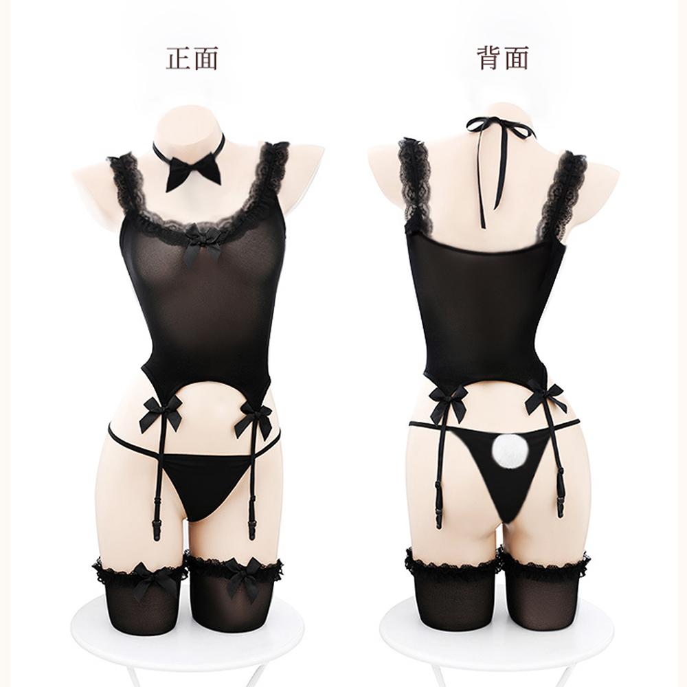 Sexy Women Cosplay Maid Set Oil Glossy Shiny Elastic Bodysuit Lace Sheer See Through Garter Stocking Tights Outfits Leotard