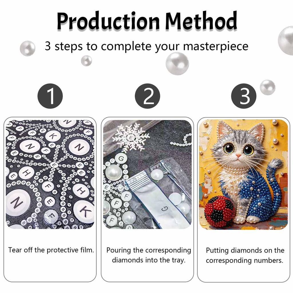 Pearl painting diy sticky diamond creative cute cat with ball diamond painting kit living room hanging painting