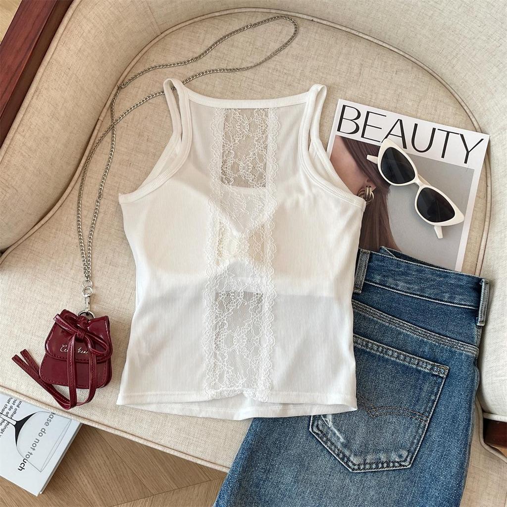 Dámské šedé krajkové patchworkové tílko cami bez zad s vycpávkami na prsou