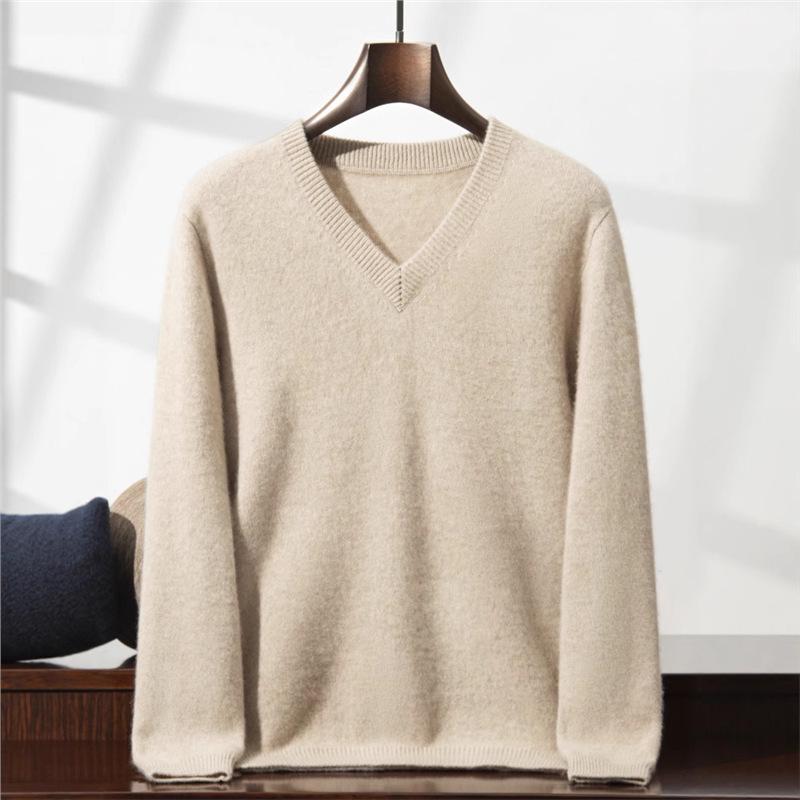 Men's Seven-Needle Cashmere V-Neck Sweater, Double-Strand Thickened, Soft Knit Base Layer for Autumn/Winter.