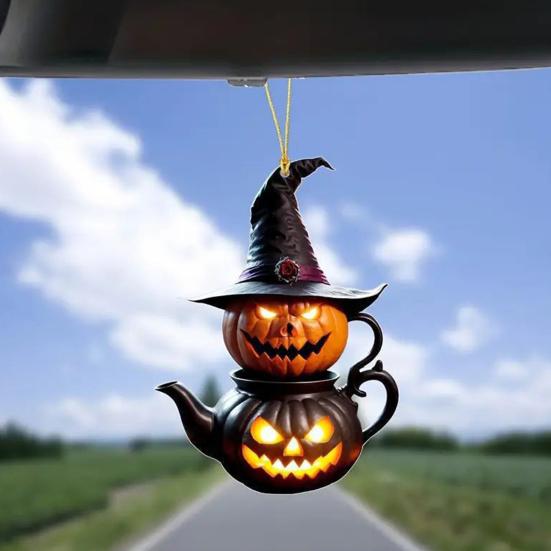 Automobile Pendant Lightweight Acrylic Rearview Mirror Decoration 2D Pumpkin Design Safety Anti-Blocking Cat Pendant