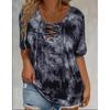New Tie-Dye Print V-Neck Lace-Up Short Sleeve T-Shirt Polyester Knit Loose Plus Size Top Multi-Color Available