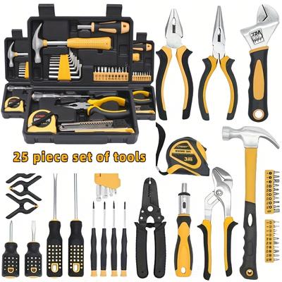 25pcs Household Tool Set - Including Hammers, Pliers, Measuring Tape, Screwdrivers, Etc. Essential Tools, Suitable for Home Yard, Car Maintenance