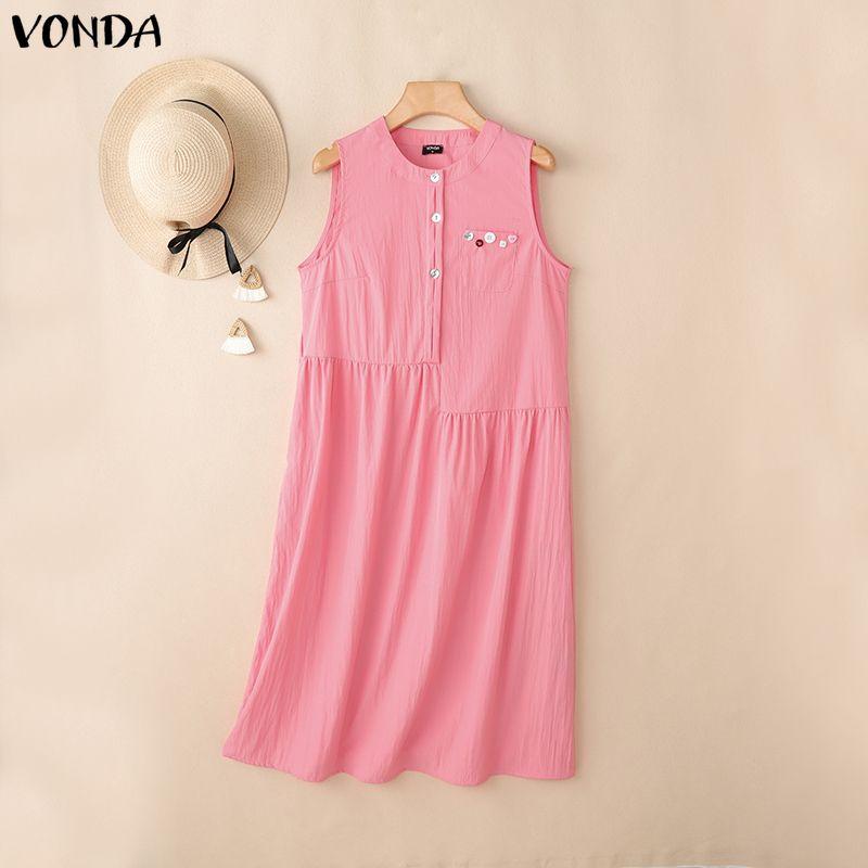 VONDA Summer Women Sleeveless Buttons Casual Midi Dress Sundress L