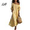 Casual Summer Dress Women Striped Long Dress Off Shoulder Sleeve Soft Ankle Length Loose Swing with Side Pocket Breathable Beachwear