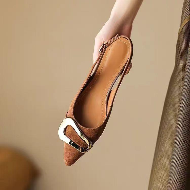 Women's Fashion Slim Heel Shoes Spring New Pointed Head Shallow Mouth Metal Buckle Anti-slip Wear-resistant High Heels