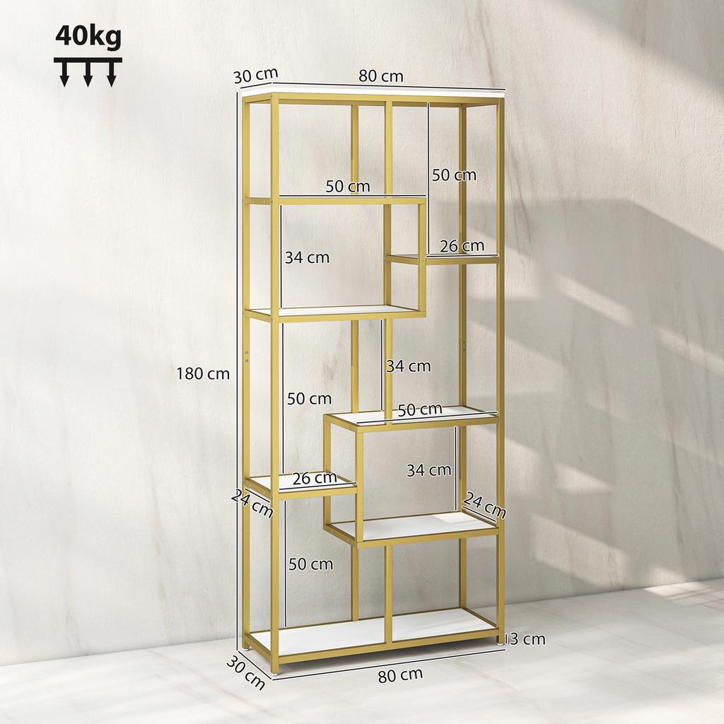 Seven-Tier Geometric Bookcase - White/Gold Tone