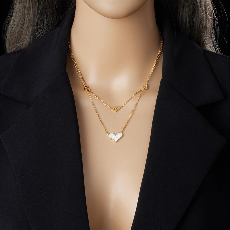 Gold Plated Mother of Pearl Heart Double Layer Necklace, Stainless Steel Dainty Hollow Heart Pendant Choker, Waterproof Jewelry for Women Gift