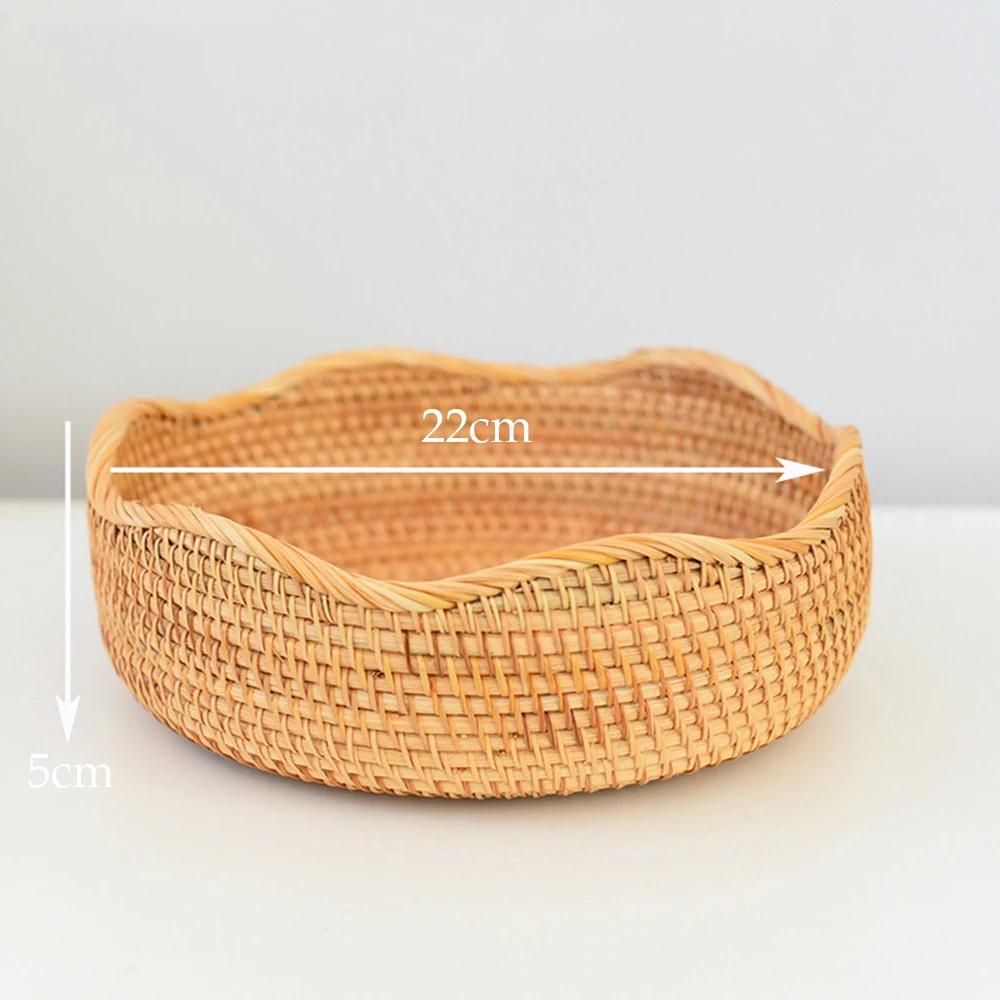 Rattan Woven Wicker Storage Tray Fruits Bread Baskets Handmade Crafts Tableware for Kitchen Countertop Decor Round Organizer