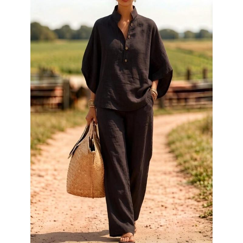 Women's Solid Color Half Placket Stand Collar Half Sleeve Shirt Wide Leg Pant Linen Two Piece Pant Suit