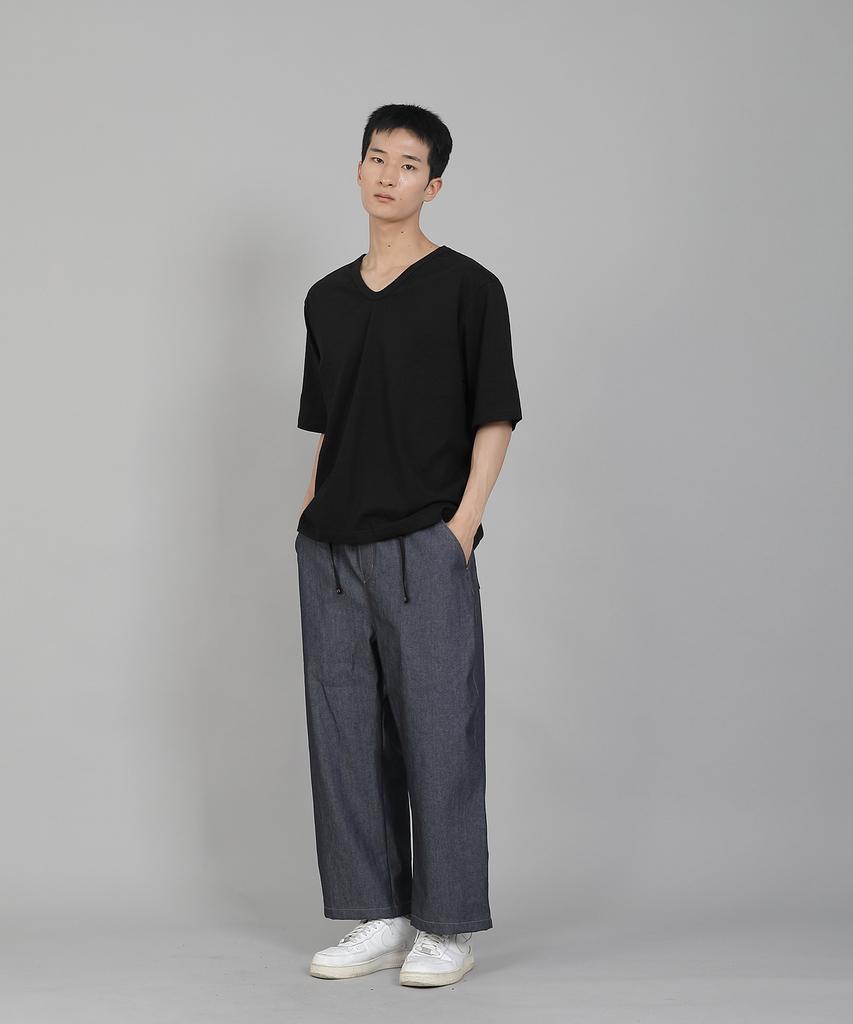 Seinteukeulu Plain V-Neck 16S Cotton Knee-Length Short Sleeve T-Shirt V-8A01 Black