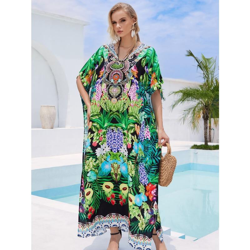 Blouse de plage coton humain imprimé ample robe de vacances bikini protection solaire chemise maillot de bain veste châle