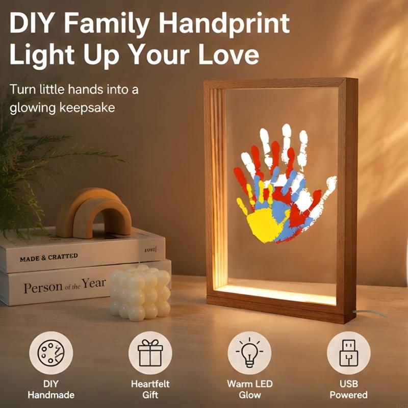 Shared Family Print Art Display with 4 Clear Inserts, Warm Light and USB Cord for Indoor Handprint Display Use Y5GB