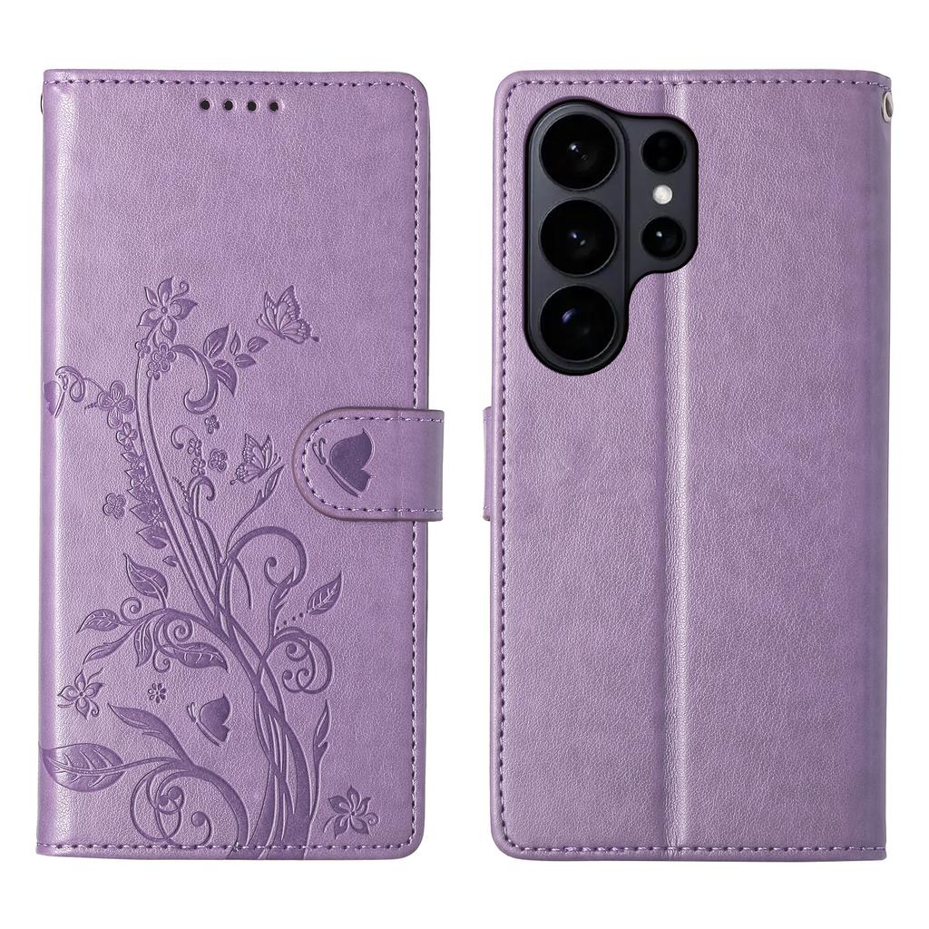 For Samsung Galaxy S26 Ultra Wallet Case Butterfly Floral Imprint PU Leather Phone Cover with Wrist Strap