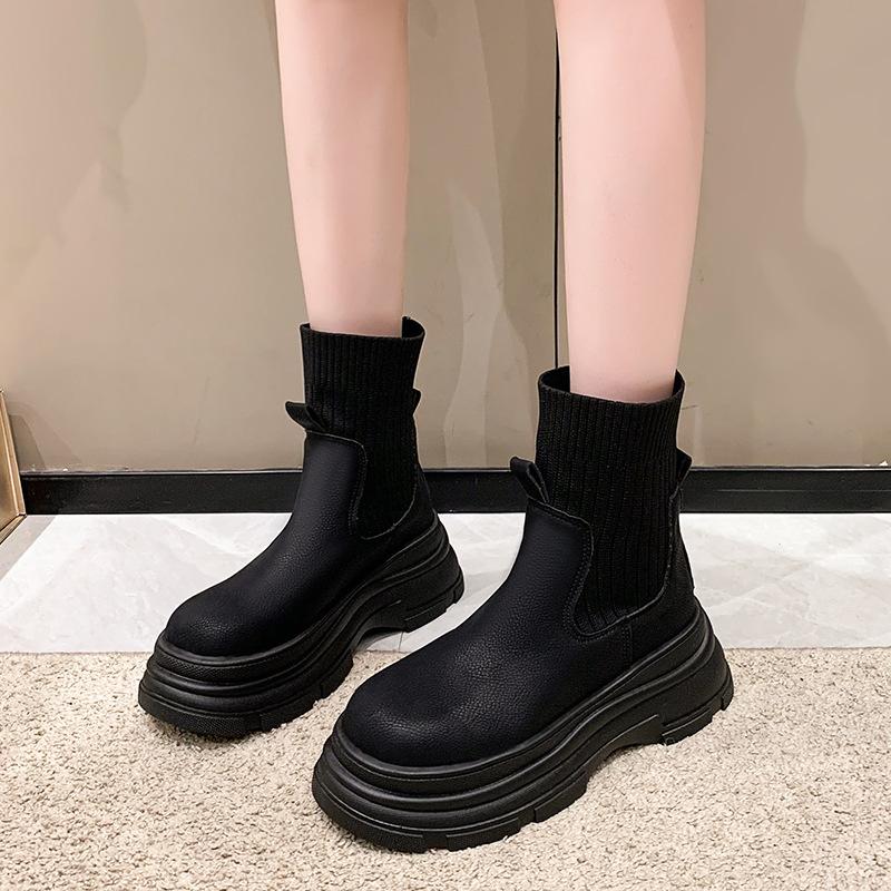 New Style Women's Short Boots Autumn Winter Knitted Slimming Elastic Ankle Boots Woman Height Increasing Casual Platform Shoes