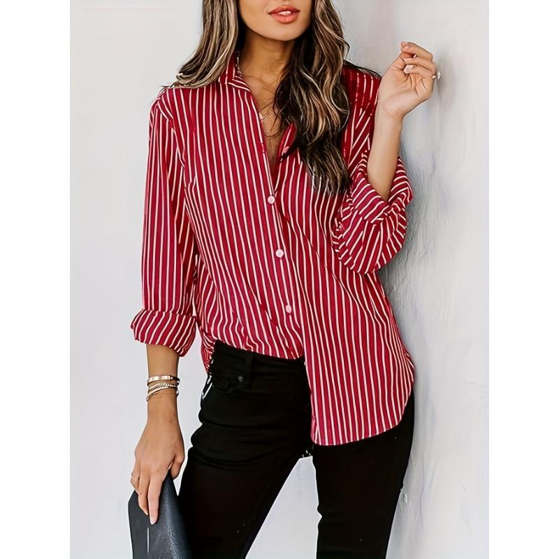 Elegante Camicia a Righe Bottonata da Donna - Blusa Casual a Manica Lunga con Collo, Poliestere Leggero, Lavabile in Lavatrice, Perfetta per l'Estate