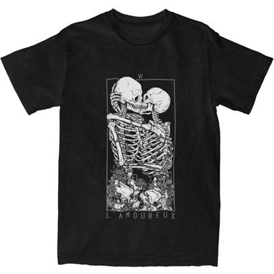 Esqueleto Pareja Beso Los Amantes Tarot Merch Camisetas Hombres Mujeres Arte de Calavera Genial Ropa con Estampado Gráfico