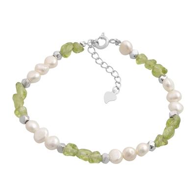 Silver Bracelet with Natural Chrysolite, Baroque Pearls, Item Weight 5.67 G (2199397)