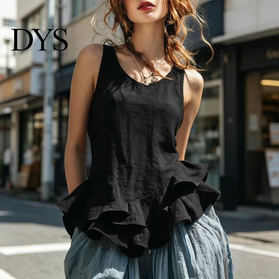 Relaxed Fit Women Blouse Tops Solid Color Loose Breathable Casual Soft Fabric Shirt O-Neck Sleeveless Ruffle Splicing Hem Summer Vest Daily