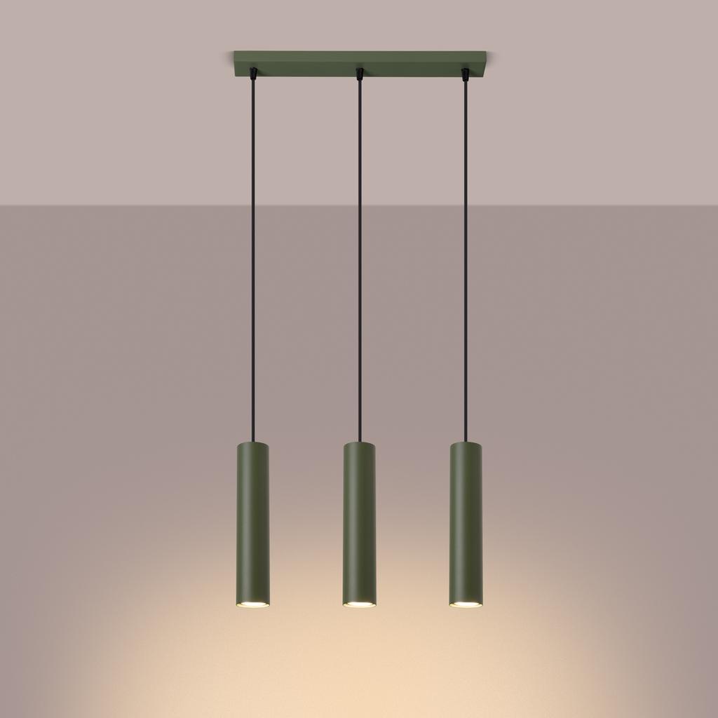 Lampa Wisząca Nowoczesna Zielona Oliwkowa Listwa Trzy Tuby 30 Cm Do Jadalni Kuchni Nad Wyspę 3Xgu10 10W Lagos Sollux Lighting