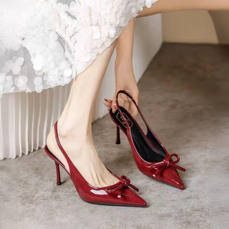 Beautiful Sandals Women's Spring and Summer New Temperament Bow Back Empty Shallow Mouth Single Shoes Pointed High Heels