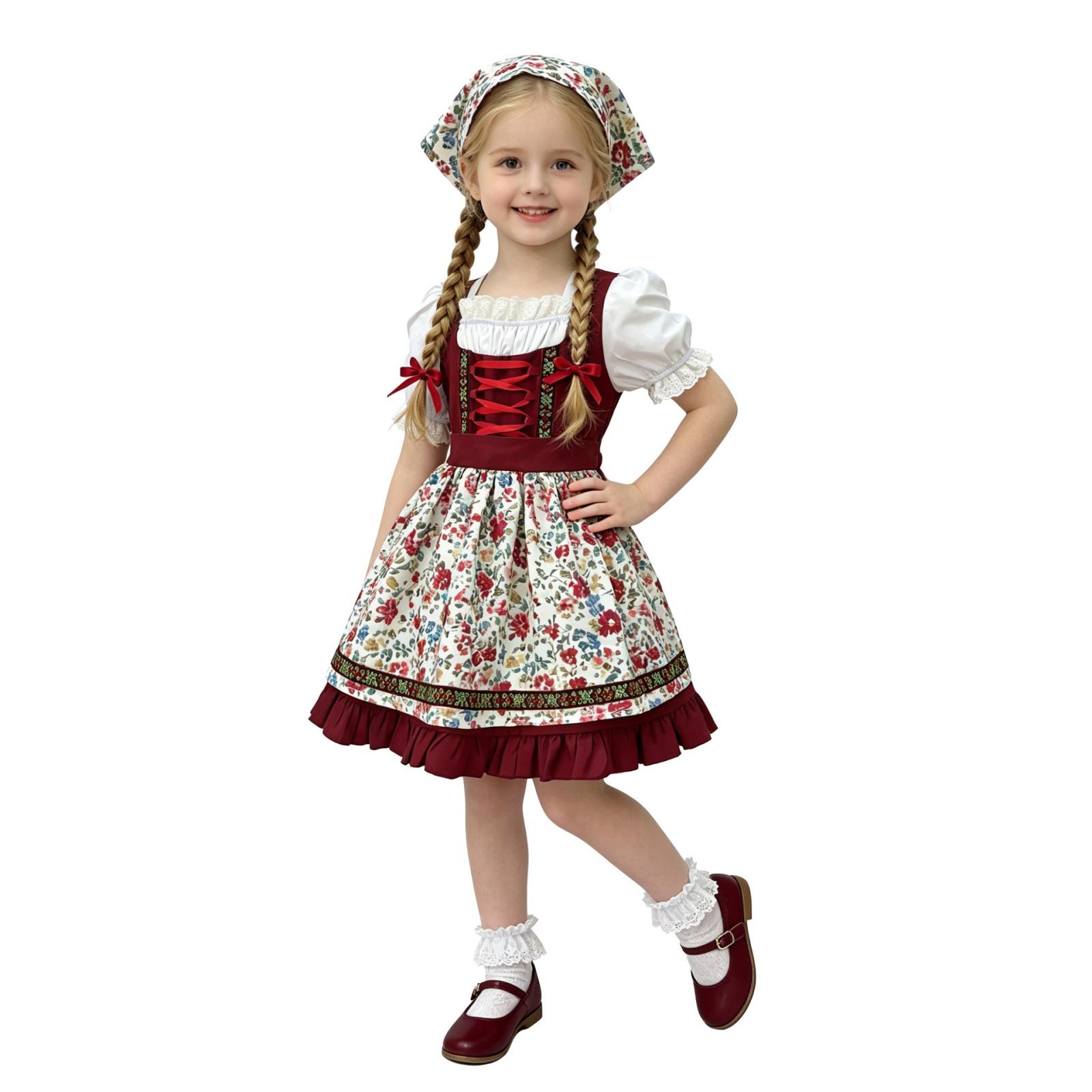 

Girls Traditional Festival Dress Floral Print Sleeveless Bodice Ruffled Skirt with Headscarf and Puff Sleeve Blouse Costume for Children 150 червоний