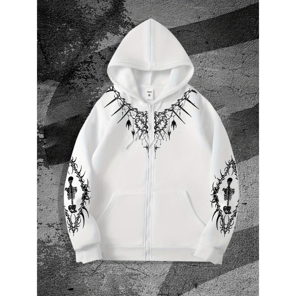 Męska gotycka bluza z kapturem na zamek z ciemnym nadrukiem, idealny wybór do modnego streetwearu, na co dzień i do modnych stylizacji.